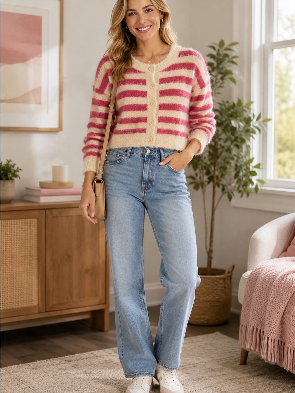 Levi’s Fuzzy Pink Striped Cardigan Sweater Medium Soft Girl Preppy Casual Shirt
